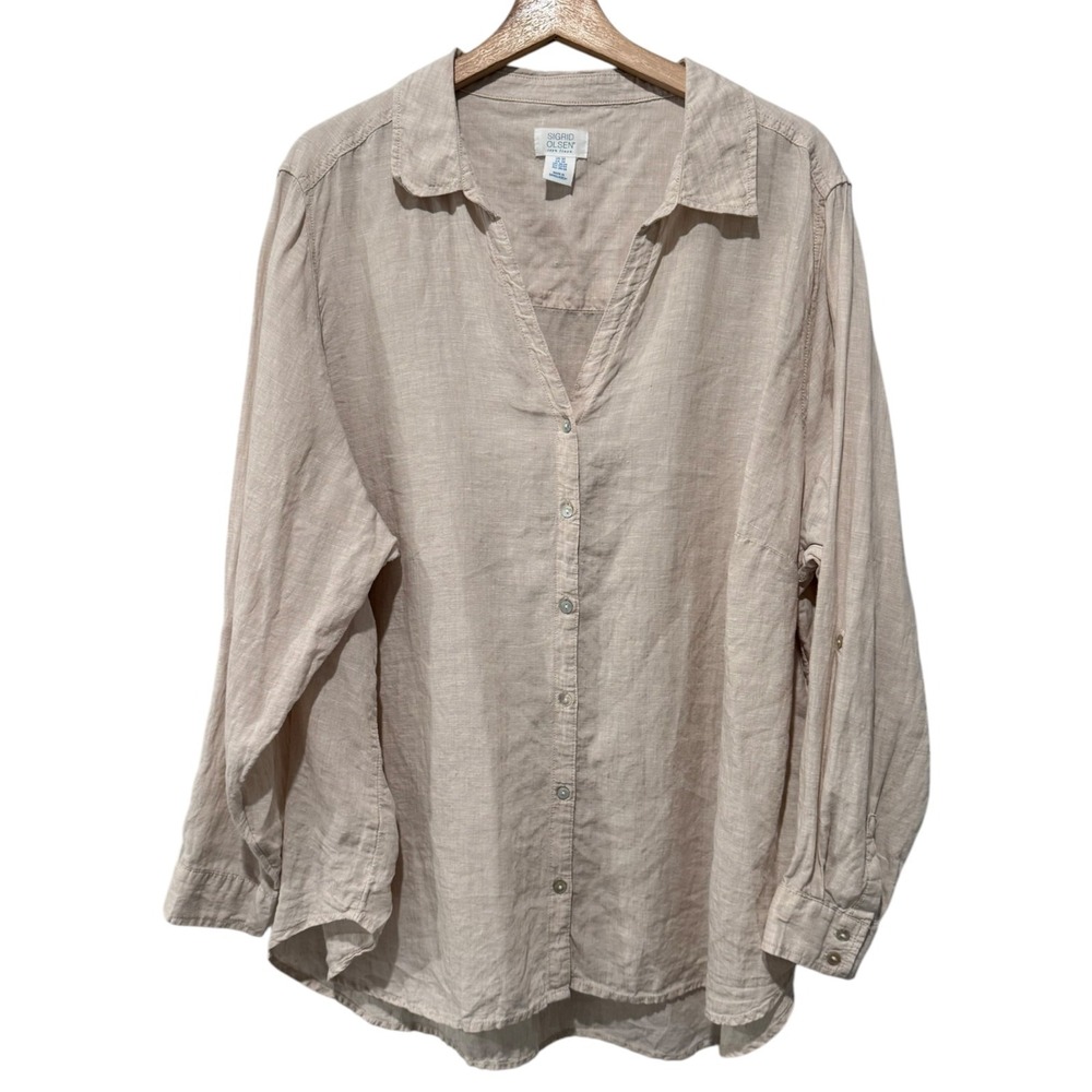 Sigrid Olsen Womens 3X Linen Button Up Shirt Roll Tab Sleeve Tunic Coastal Beige